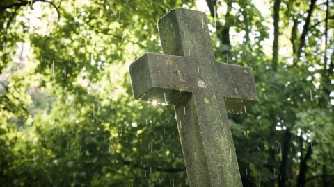 Old cemetery cross during rainfall at Bernardine Cemetery Stock Footage 337304837