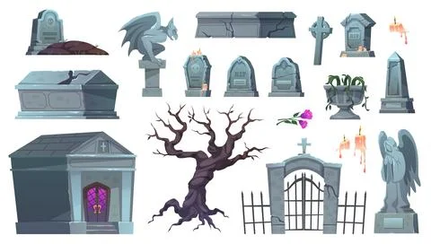 Old cemetery elements. Ancient gravestones, family crypt, stone gargoyle and Stock Illustration