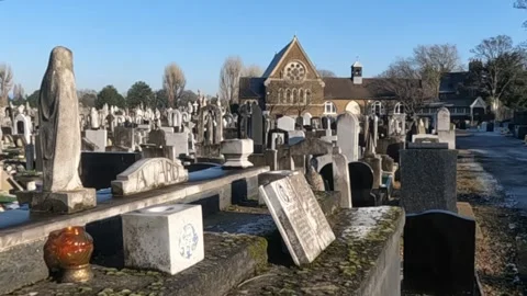 Old Cemetery Graveyard Facing Catholic Church Stock Footage 300374811