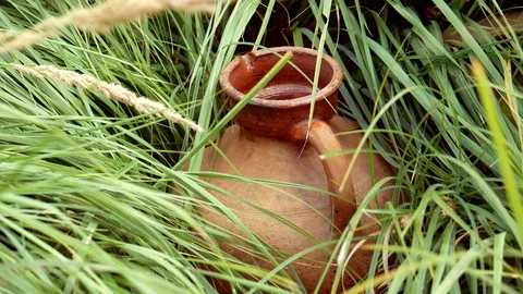 Old Ceramic Clay Jug In Grass (4) Stock Footage 127718860