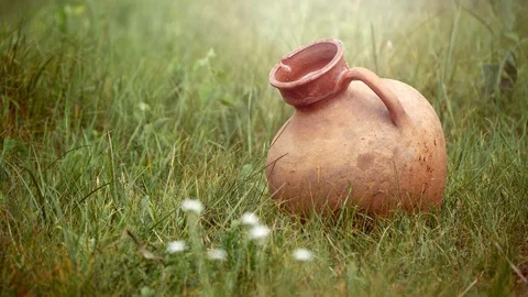 Old Ceramic Clay Jug In Grass (8) Stock Footage 127719808