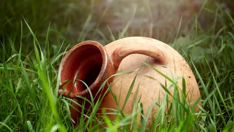 Old Ceramic Clay Jug Lying In Grass (2) Stock Footage 127719520