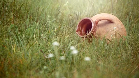 Old Ceramic Clay Jug Lying In Grass (3) Stock Footage 127719587