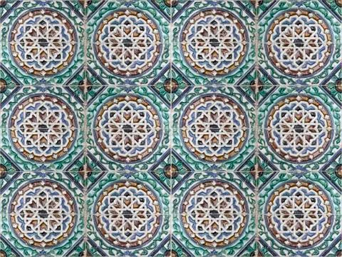 Old ceramic tiles with abstract pattern. Vintage glazed tiles texture and Stock Photos