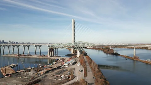 Old Champlain Bridge demolition. Aerial side approach. Stock Footage 220360170