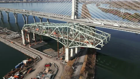 Old Champlain Bridge demolition. Aerial high orbit. Stock Footage 220360244
