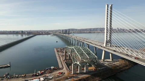 Old Champlain Bridge demolition. Aerial pull back. Stock Footage 220360722