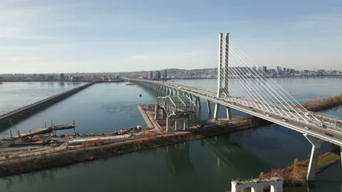 Old Champlain Bridge demolition. Aerial pull back, wide. Stock Footage 220360833