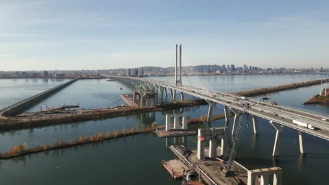 Old Champlain Bridge demolition. Aerial pull back, wider Stock Footage 220360842