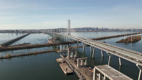 Old Champlain Bridge demolition. Aerial approach, wider Stock Footage 220360934