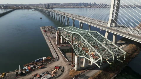 Old Champlain Bridge demolition, Montreal. Aerial, pan left. Stock Footage 220360359