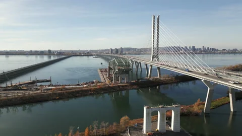 Old Champlain Bridge demolition, Montreal. Aerial angle approach, close. Stock Footage 220360982