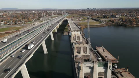 Old Champlain Bridge demolition, Montreal. Aerial flyover facing South Shore. Stock Footage 220361179