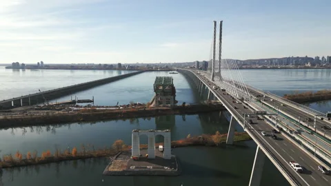 Old Champlain Bridge demolition, Montreal. Aerial parallel approach. Stock Footage 220361233