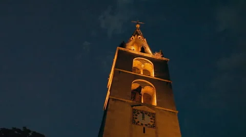 An old chapel highlighted by yellow lights Stock Footage 60584325