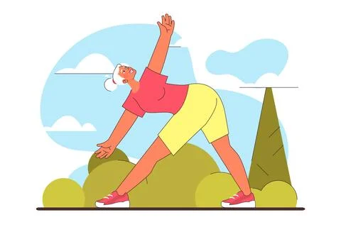Old character doing an outdoor workout in the city park. Active elderly Ilustração Stock