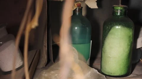 Old Chemical Bottles Left Behind in Haunted Abandoned Mansion Stock Footage 246502293