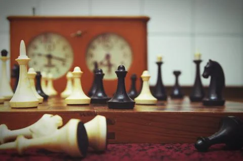 Old chess pieces closeup Foto stock