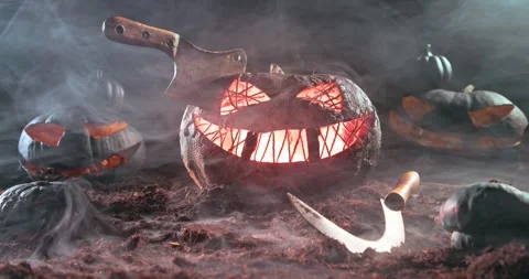 Old chopper pierce a terrifying glowing pumpkin at night. Stock Footage 347018162
