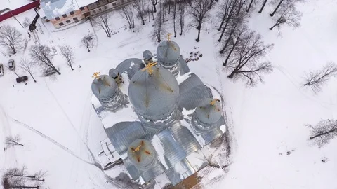 Old church domes view from above. The Orthodox Church in a small Russian village Stock Footage 125532653