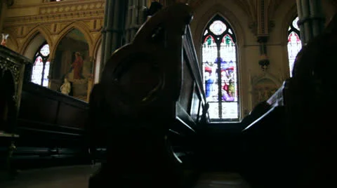 Old Church Interior Side Pews Stock Footage
