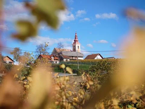 Old church on top of the hill through the vines in Bela Krajina, Slovenia Stock Photos
