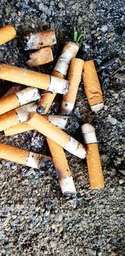 Old cigarettes filter in ashtray Stock Photos