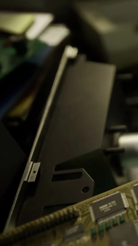 Old circuit boards and computer parts are arranged on a work table Stock Footage 334180635