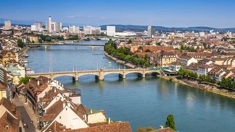 Old city center of Basel with Rhine river, Switzerland, Europe. Stock Footage