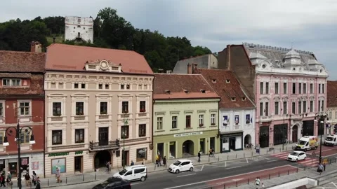 Old city centre of Brashov, view on buildings and city square Stock Footage 200953581