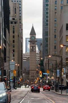 Old City Hall Clock Tower View Along Downtown Toronto Street Stock Photos
