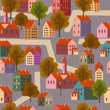 Old city seamless pattern, minimal flat style. Autumn landscape city 스톡 일러스트
