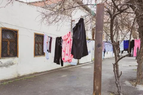 Old city with soviet streets and old houses and windows Stock Photos