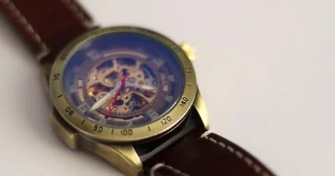 Old Classic Clock Works and automatic movement functioning on white backgroun Stock Footage 300363972