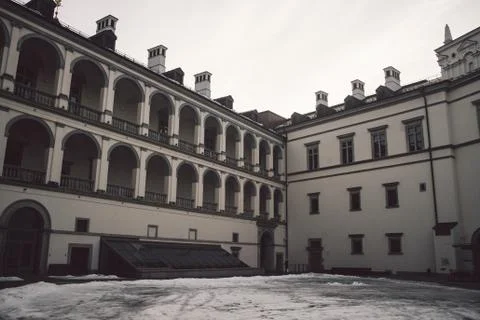 Old classical building in Vilnius old town. Winter season Stock Photos