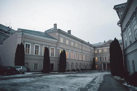 Old classical building in Vilnius old town. Winter season Stock Photos