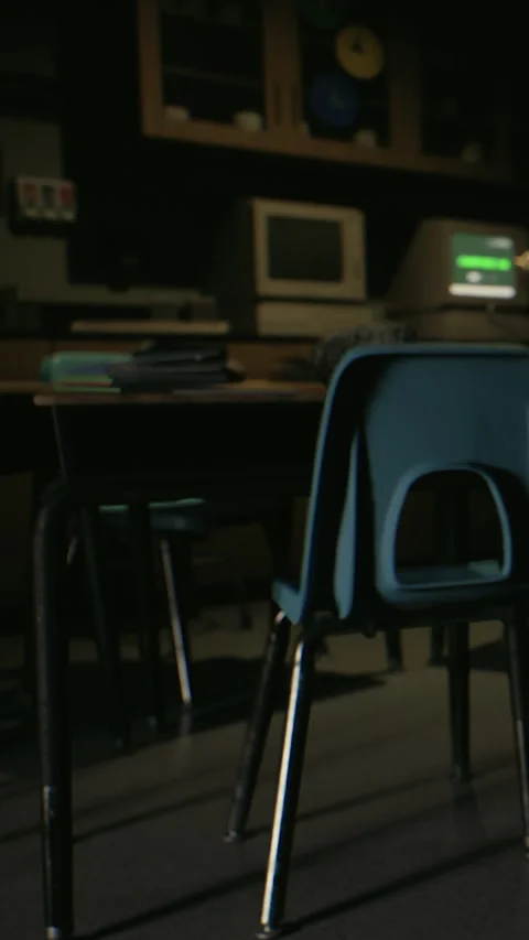 Old classroom with empty chairs and outdated computers during the evening Stock Footage 341243275