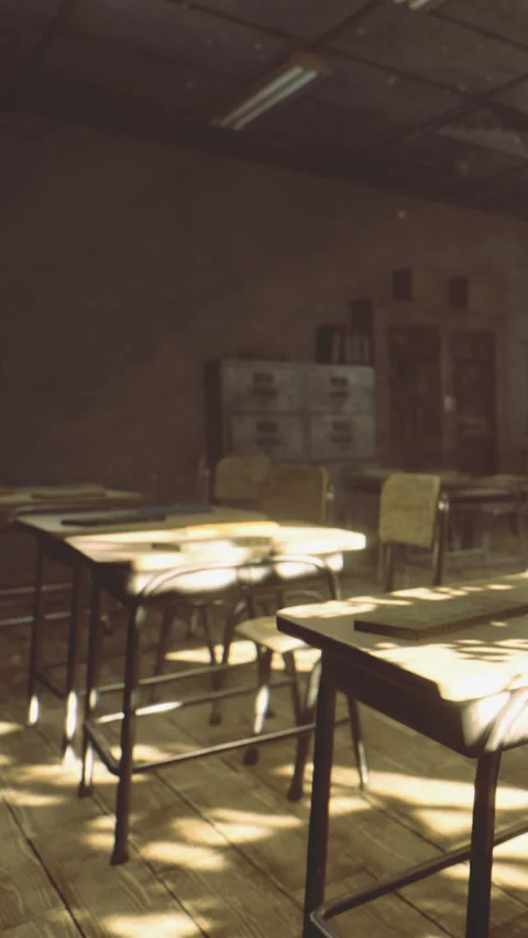 Old classroom with empty desks and warm light in the afternoon Stock Footage 336014792