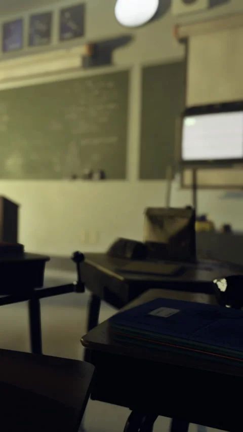 Old classroom features desks, a blackboard, and a vintage television on a stand Stock Footage 330441488