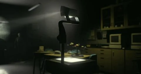 Old classroom with overhead projector and dim lighting Stock Illustration