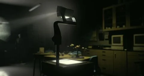 Old classroom with an overhead projector ready for presentation 스톡 일러스트