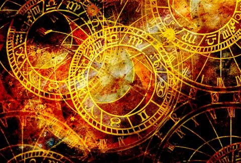 Old clock and zodiac collage. Abstract color background. Stock Illustration