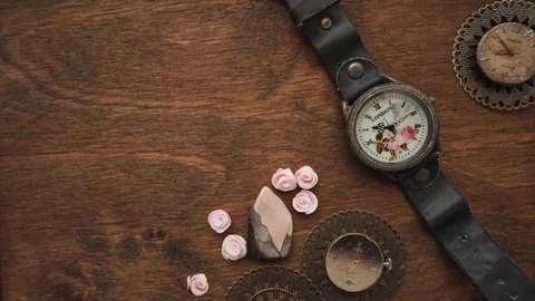 Old clock with roses Stock Footage 127618967