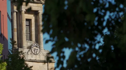 An old clock seen through moving tree foreground Video stock 239064973