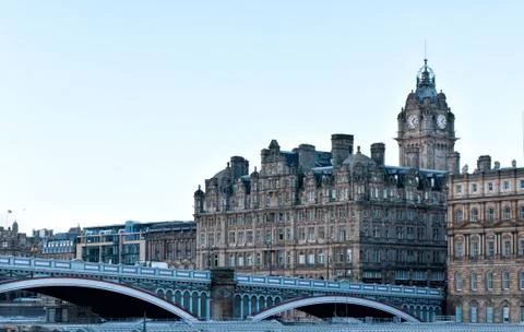 Old clock tower and bridge in rdinburgh scotland Stock Photos