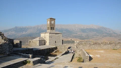 Old clock tower in the castle of Gjirokaster, Albania. Kalaja fortress and Gjere Stock Footage 118246954