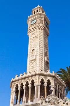 Old clock tower under blue sky, Izmir, Turkey Stock Photos