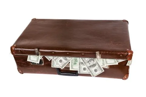 Old closed brown suitcase full of hundred dollar banknotes isolated on white  Фото