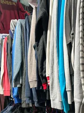 Old clothes in a second hand shop in Morocco Stock-Fotos
