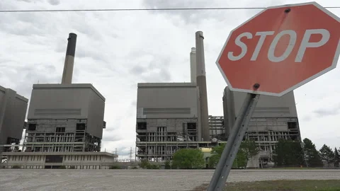 Old coal fired electrical power plant generating station being torn down Stockbeeldmateriaal 153925840